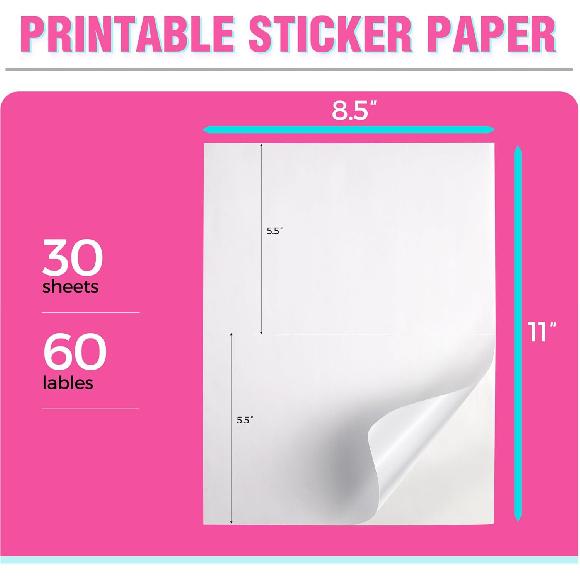 60 Shipping Labels 2 Per Sheet 8.5" x 5.5" Matte Half Sheet Labels Self Adhesive White Shipping Label Paper