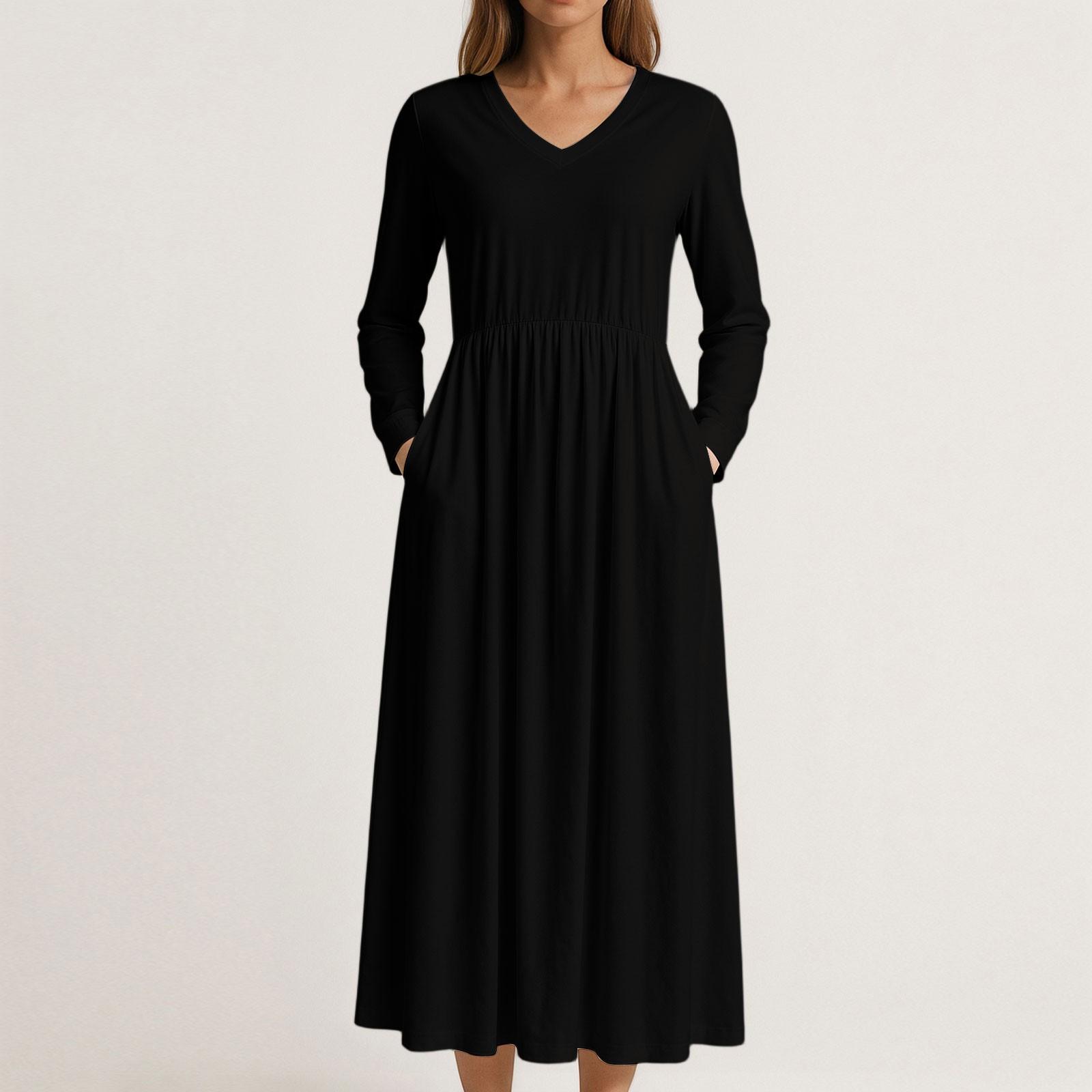 

Платье для женщин длинное бохо пляжное платье элегантное макси-платье V-образный вырез длинный рукав платье с карманами L чёрный