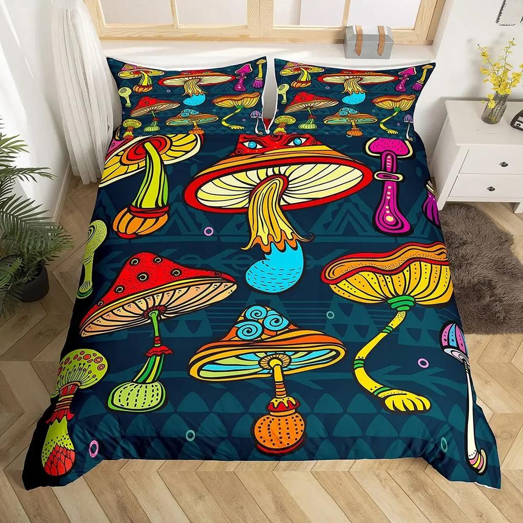 Cute Mushroom Duvet Cover Set Microfiber Hippie Theme Exotic Plant Mushrooms Bedding Set Kawaii Fungus Comforter Cover Twin King