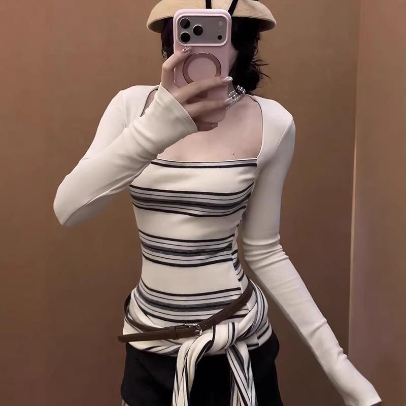 American Sexy Contrast Stripe Two-Piece Long-Sleeve Women's Top with Bow - Slimming Autumn/Winter Base Layer