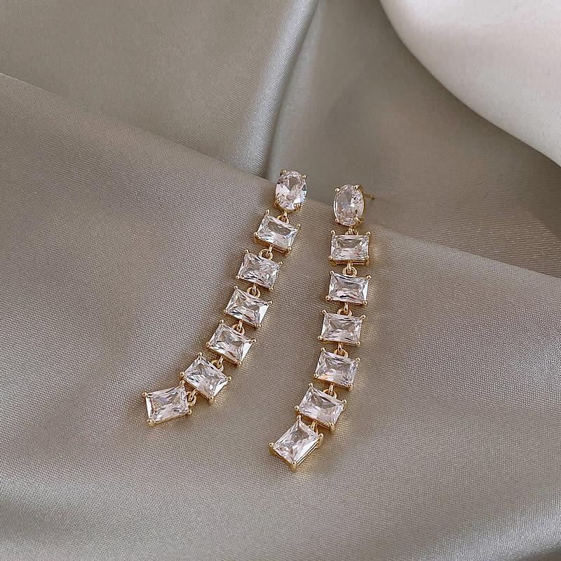 14K Real Gold Plating Korea  Fashion Jewelry Luxury Shiny Square Zircon Long Earrings Elegant Women Wedding Party Accessories