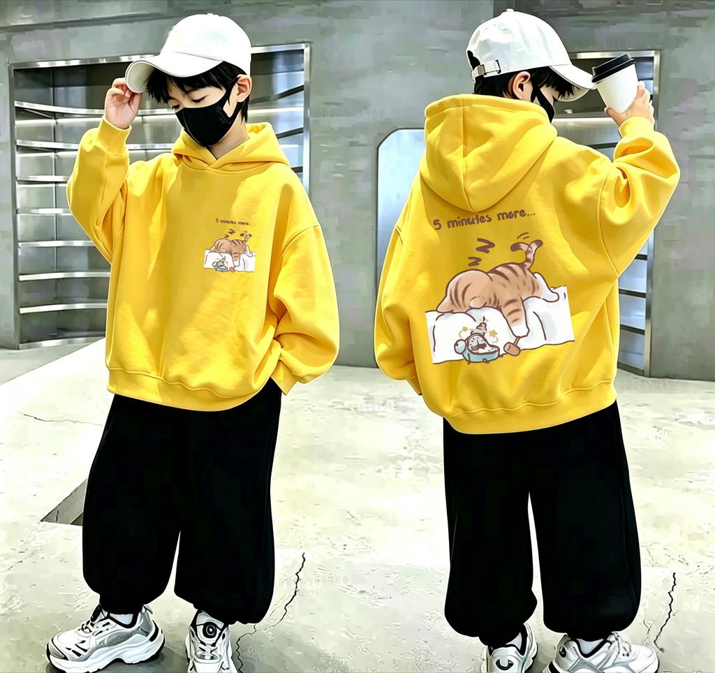 Children's Cat Pattern Alarm Clock Double-Sided Printed Hooded Sweatshirt for Boys and Girls Casual Street Hoodie