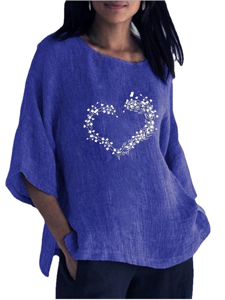 Women Fashion Cotton Linen 3/4 Long Sleeve Top Spring&summer O Neck Print Shirt Ladies Pullover Loose Blouse