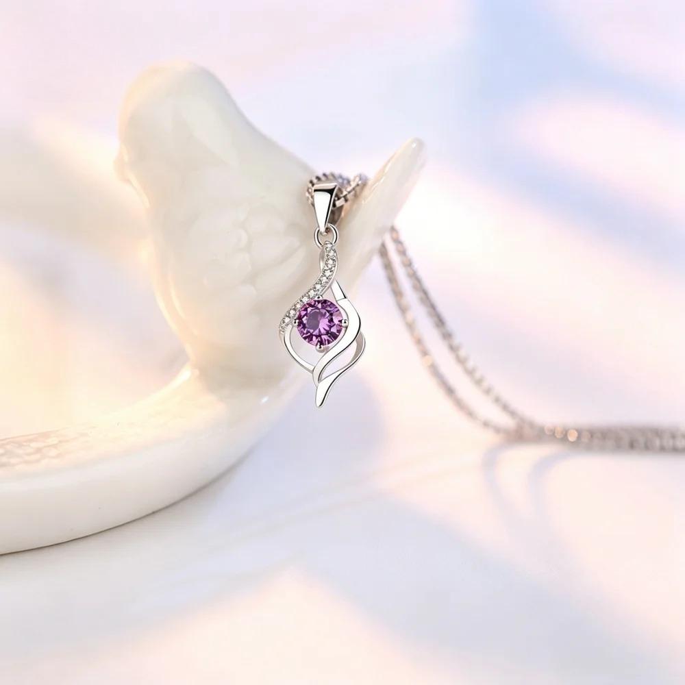 925 Sterling Silver Twist Pendant Necklace for Women Round Cut Purple/White Zircon Infinity Love Necklace Bridal Wedding Jewelry