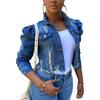 2026 Damen Koreanisch-Europäischer Stil Denim Cropped Jacke mit Aufschlag Puffy Langen Ärmeln