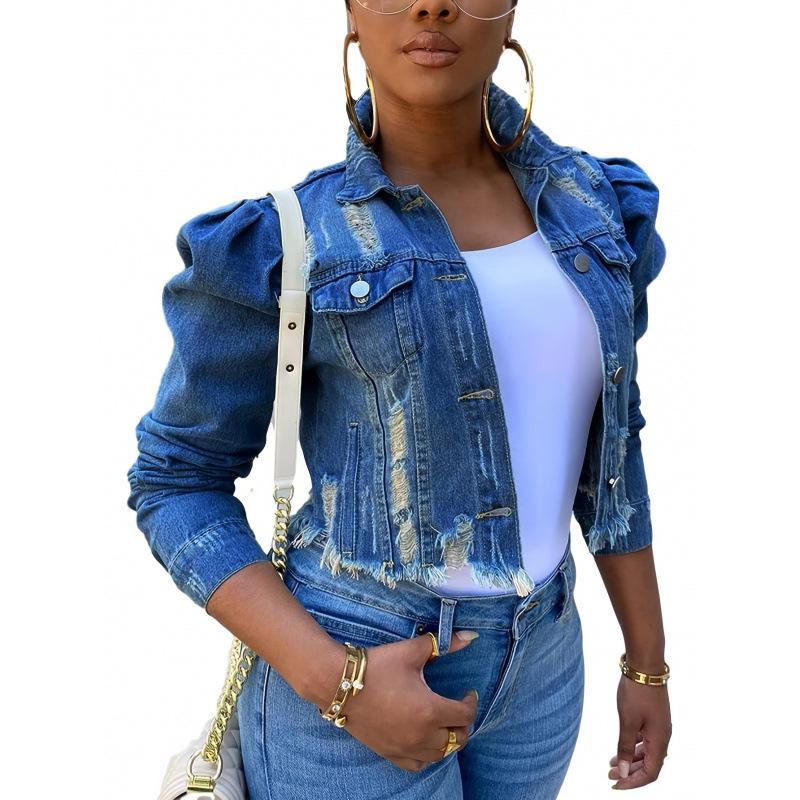 2026 Damen Koreanisch-Europäischer Stil Denim Cropped Jacke mit Aufschlag Puffy Langen Ärmeln