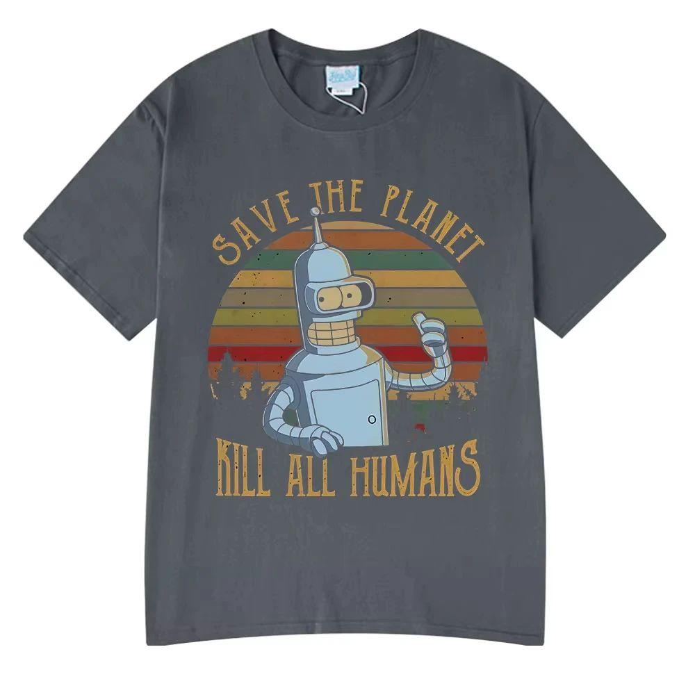 Y2k Tshirt Funny Robot Graphic T Shirt Save The Planet Kill All Humans Clothing Short Sleeve Oversized Cotton Tee Shirts Unisex