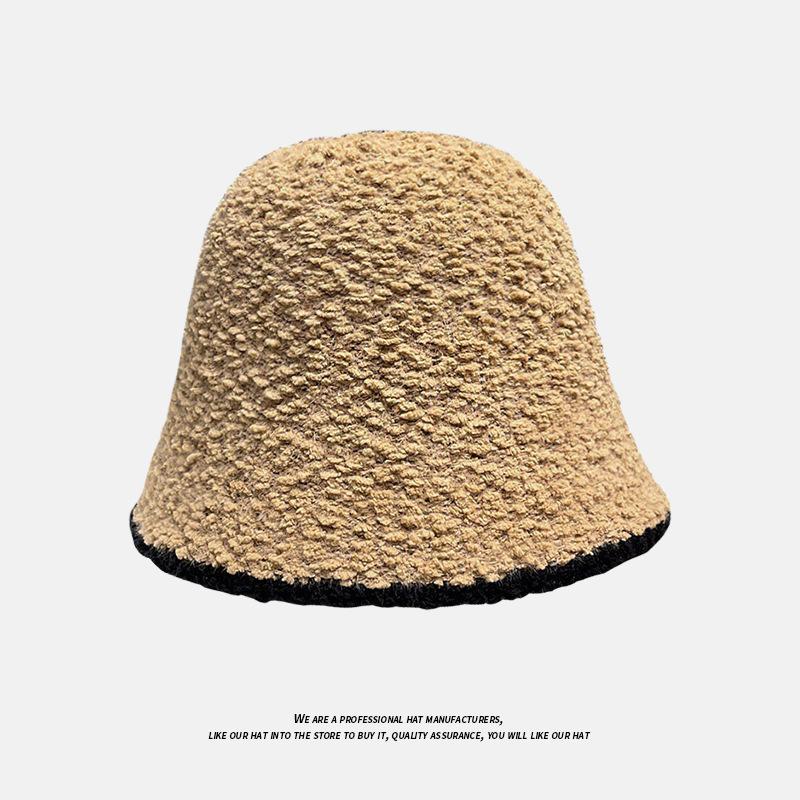 Lamb Wool Bucket Hat Autumn and Winter Ins Big Head Circumference Color Matching Knitted Bucket Hat Versatile Warm Plush Basin Hat