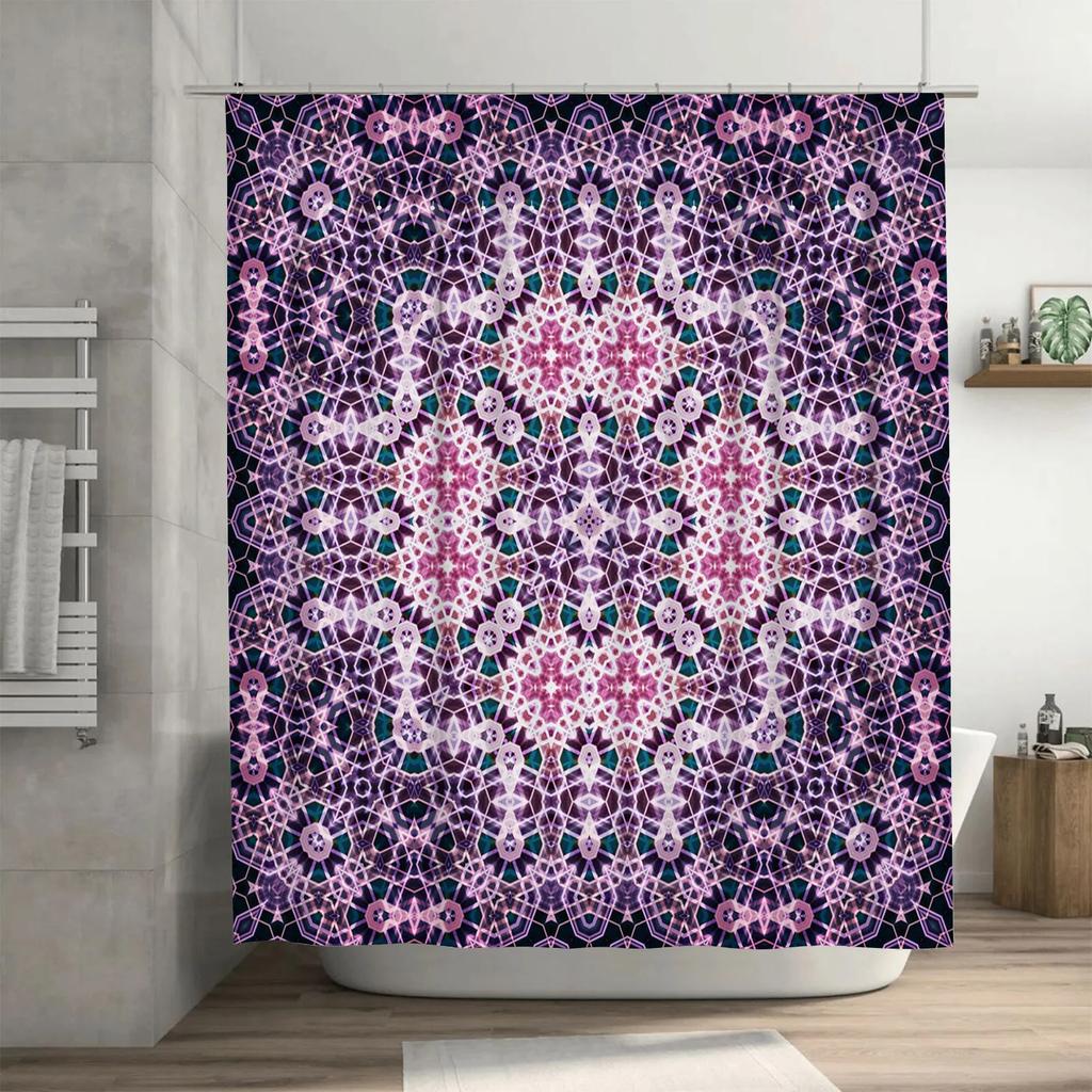 Vibrant Pattern Shower CurtainPurple Geometric Floral Design for Bathroom Decor Waterproof Fabric with Hooks Included