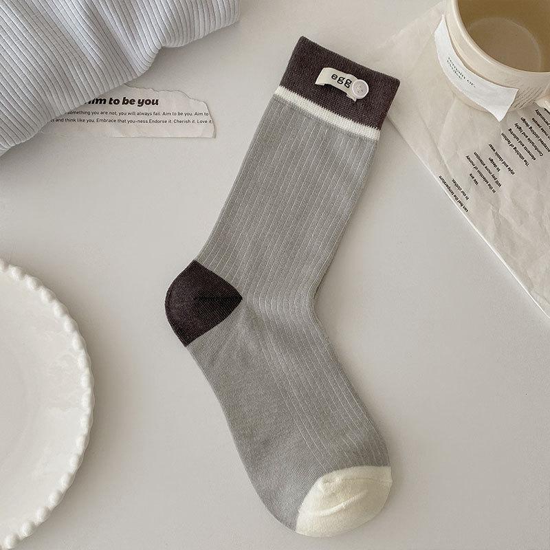 Female Autumn New Color Matching Button Cloth Label In The Tube Pile Socks