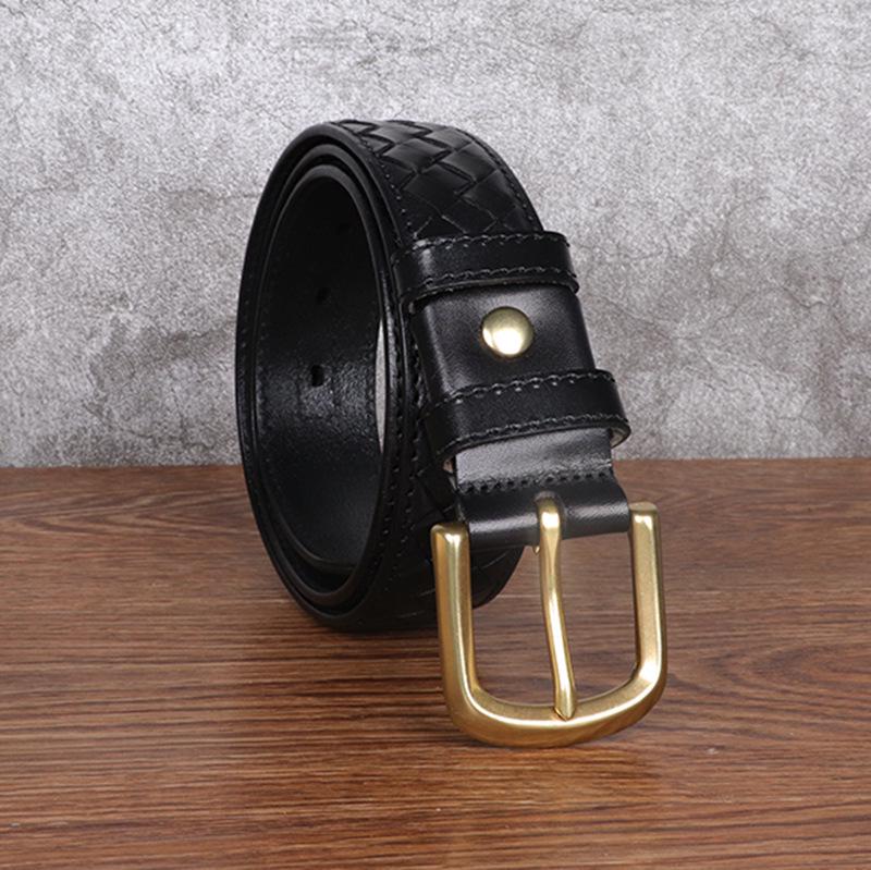 Men's Genuine Leather Woven Belt with Pure Copper Pin Buckle - Retro Casual Style