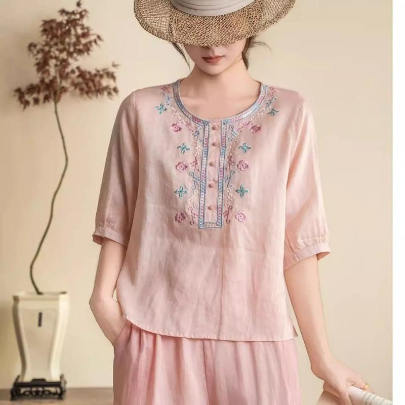 

Womens Pink Linen Blouse Casual Floral Embroidered Half Button 3/4 Sleeve Top M рожевий