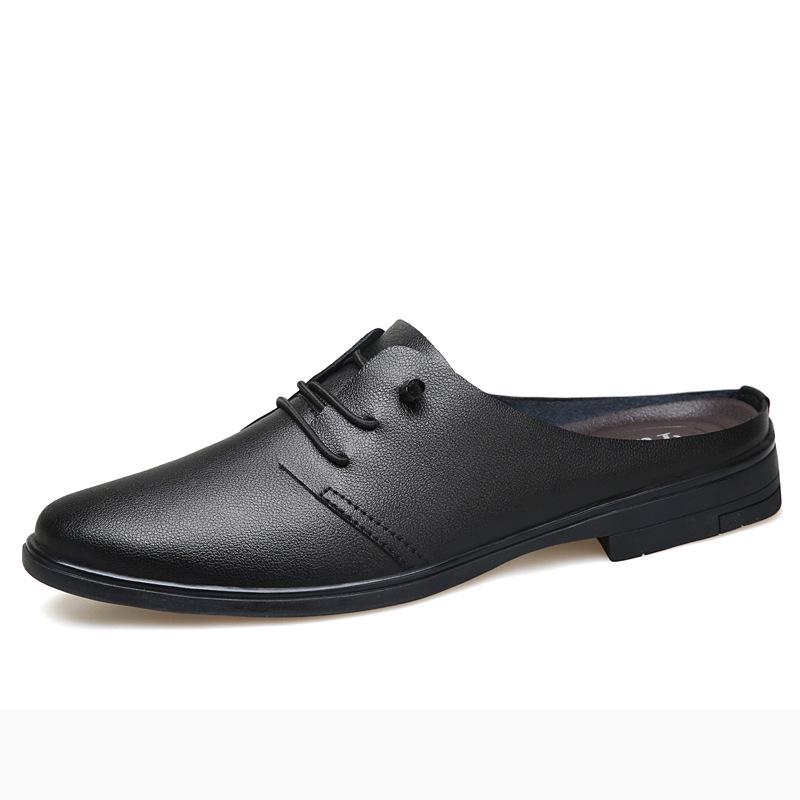 Men s Leather Slip-On Office Slippers, Large Size 47, Soft Sole Half-Slippers 43 чёрный