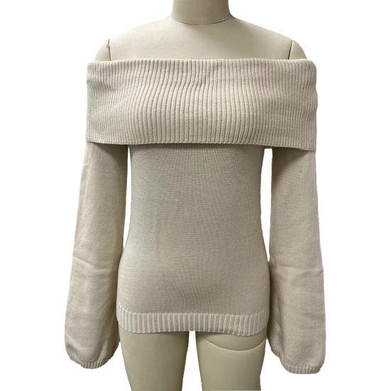 Women Sweater Off Shoulder Long Sleeve Solid Color Knitting Tops Slim Fit Asymmetric Design Pullover Tops Knitwear