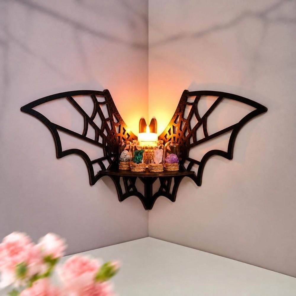 Black Bat Corner Shelf Wooden Wall Display Shelf Spooky Decor Floating Storage Shelf Party