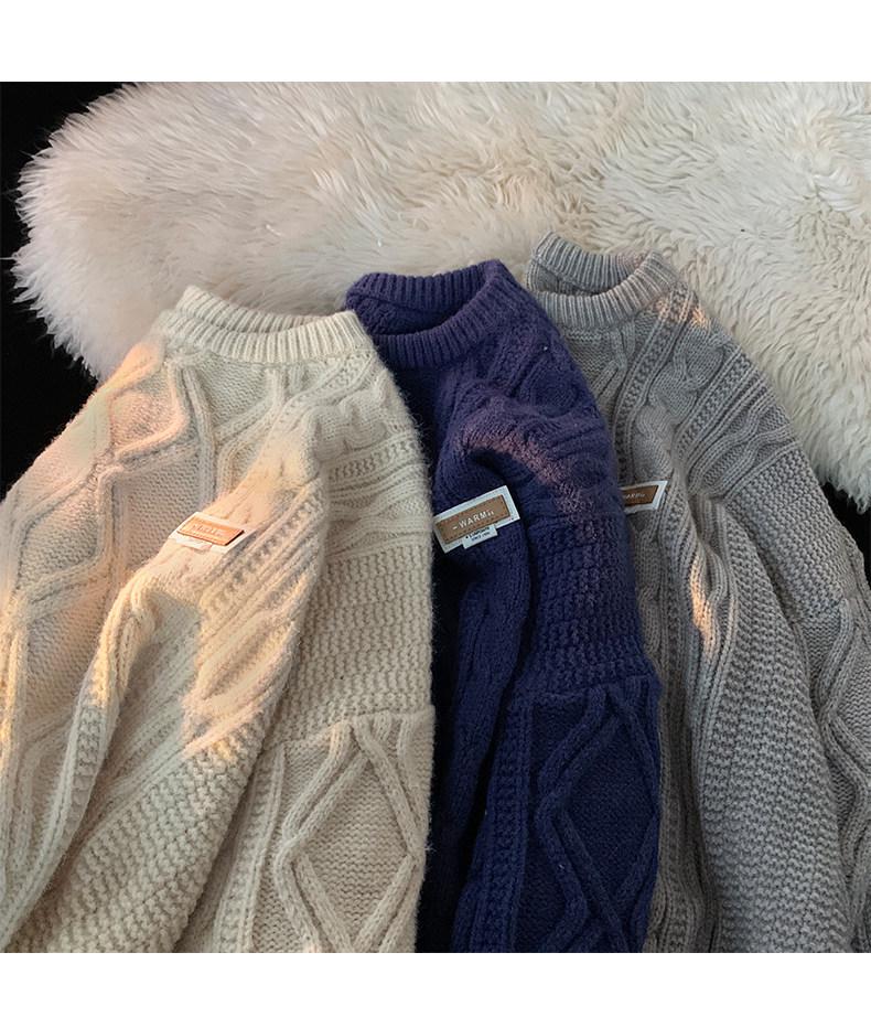 Men's Vintage Japanese Cable Knit Sweater – Retro, Thick, Loose-Fit for Autumn/Winter