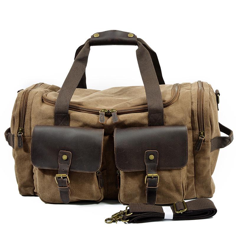 Borsa da Viaggio da Uomo in Tela e Pelle Crazy Horse - Grande Capacità Borsa da Viaggio con Cerniera Retrò