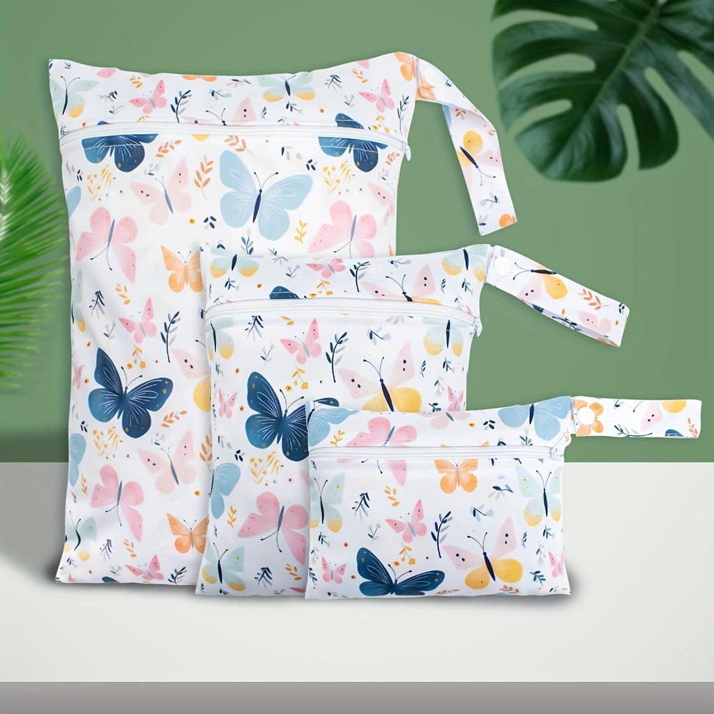 1Pc Butterfly & Floral Print Reusable Wet Dry Bags for Pet, Travel, Beach, Pool, Gym - Zippered Stroller & Yoga Bags, Pet Diaper Bags