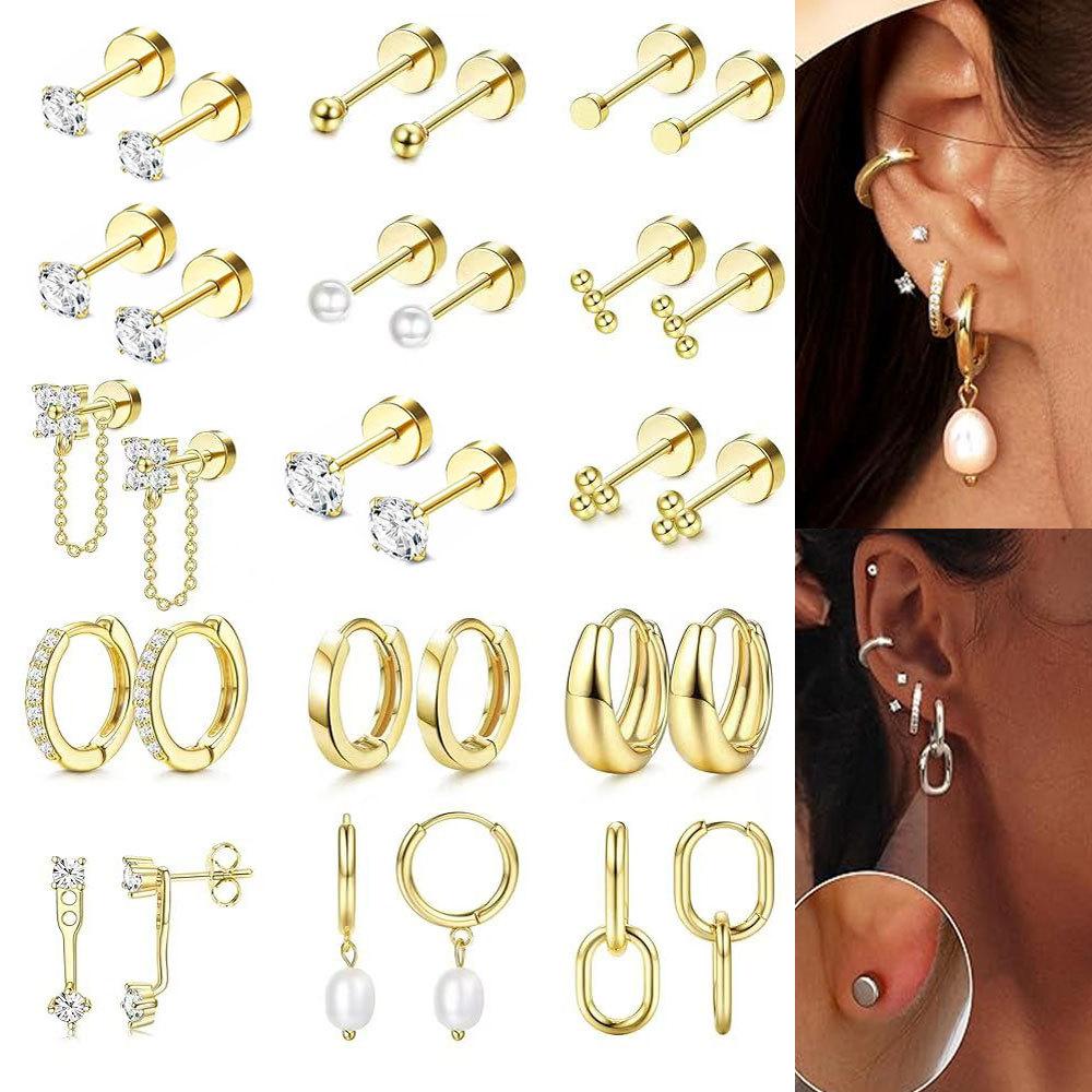 1Set Stainless steel zirconia stud earrings with pierced earwires as accessories