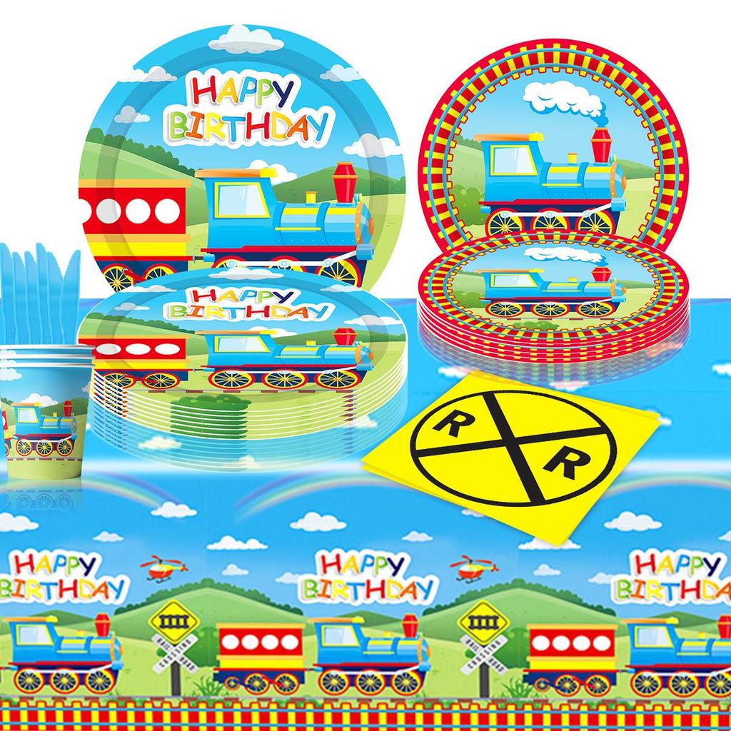 Little Train Birthday Party Disposable Tableware Set - Plates, Cups, Napkins, Tablecloth