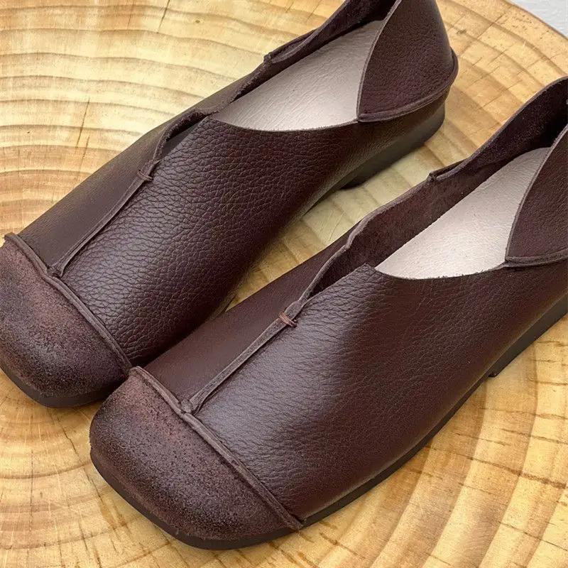 Brown Leather Pure Handmade Shoes  The Retro Art Mori Girl Shoes Women's Casual Flats Shoes Two Way To Wear