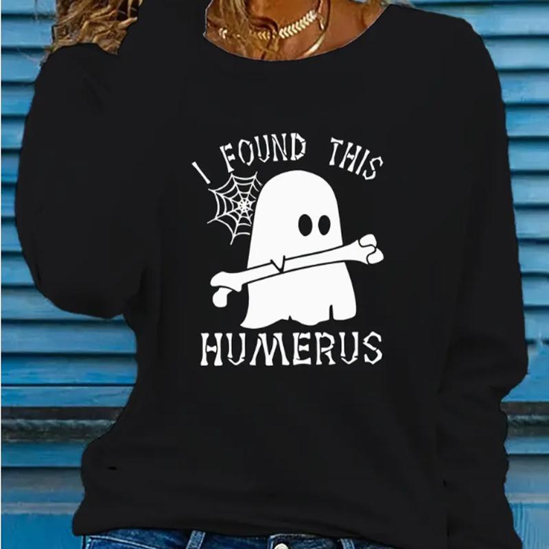 Tops For Women Ghost Hugging Bone Print Round Neck Long Sleeve T-shirt Fall Casual Slim Pullover Women's Long Sleeve Top