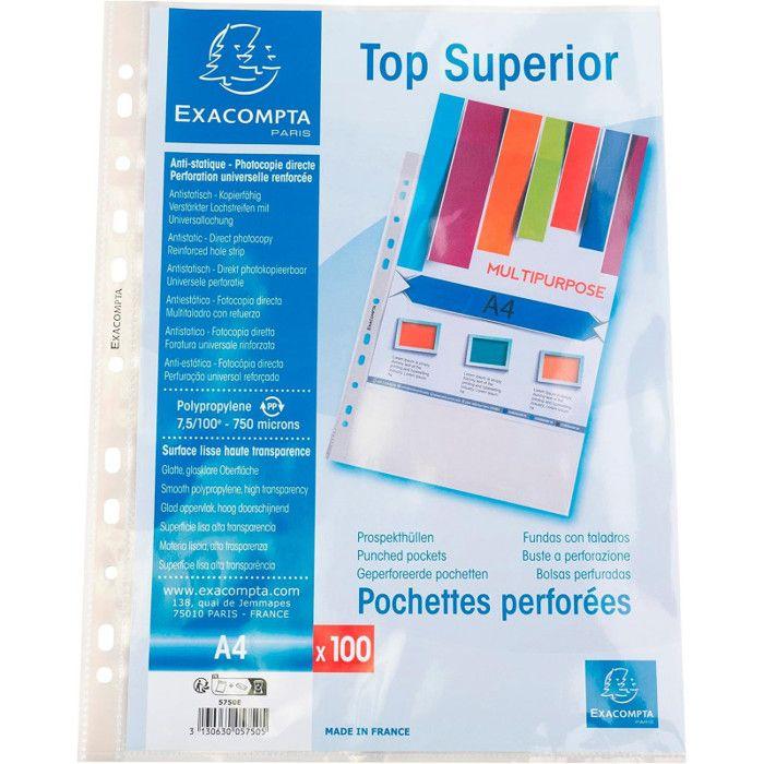 100 pochettes perforées - lisse - transparente - pour document a4 - exacompta