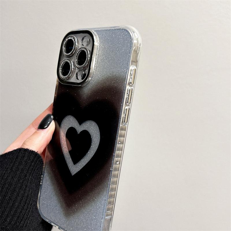 Stilvoller schwarzer Farbverlauf Liebesherz Glitzer mit Kameraglasfolie Handyhülle für iPhone 16 15 14 13 12 11 Pro Max Plus