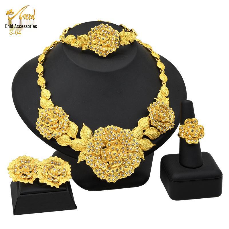 Dubai 24K Gold Bridal Jewelry Set: Necklace, Ring, Earrings, Bracelet