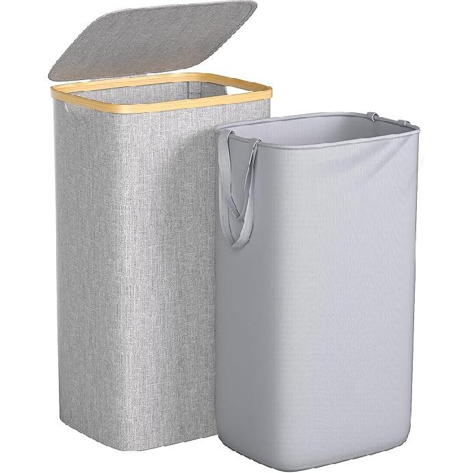 Большая корзина для белья, водонепроницаемая корзина для белья объемом 100 л с крышкой и съемным мешком, складная высокая корзина для одежды с бамбуковыми ручками для одежды и игрушек 60L