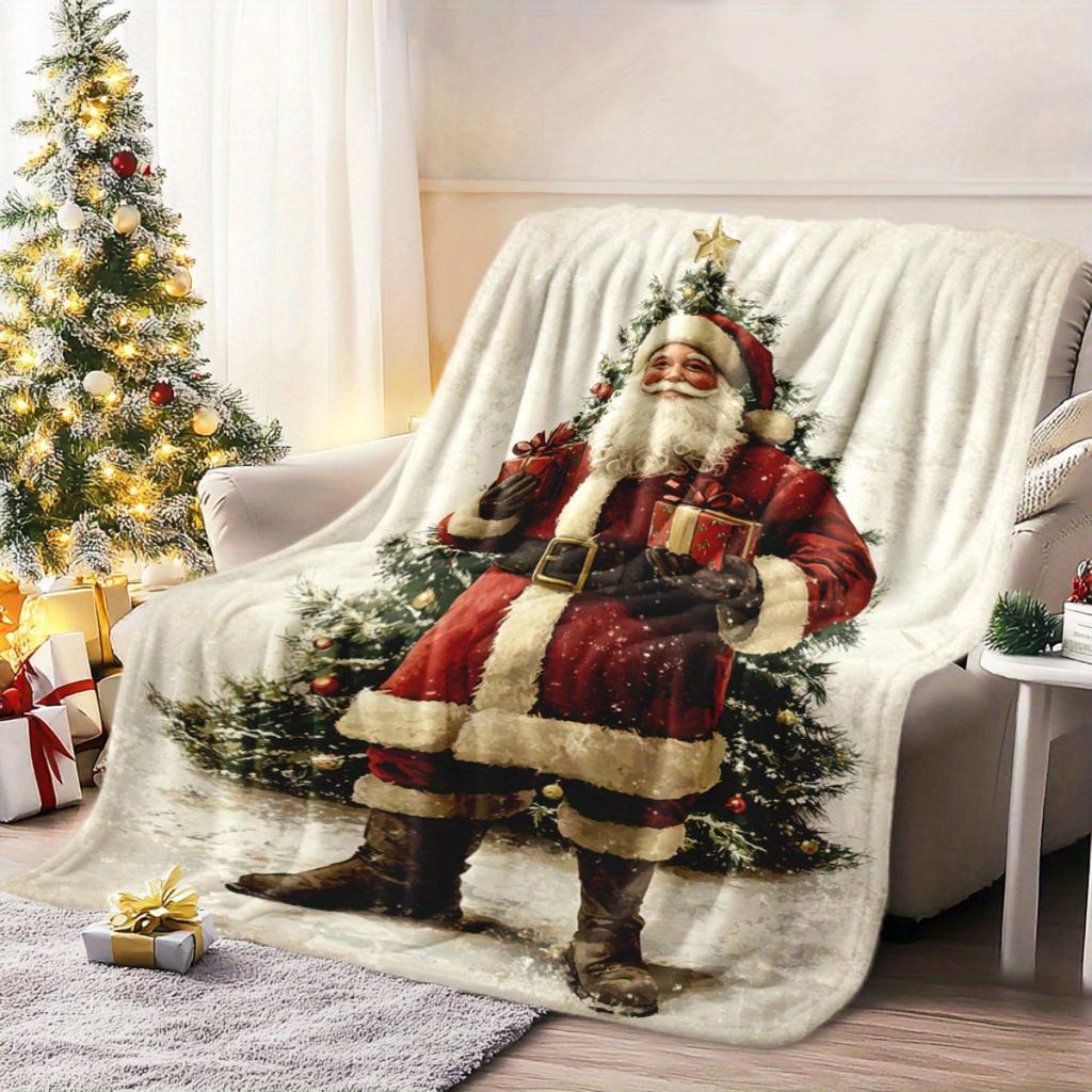 Santa Claus Pattern Flannel Blanket - Soft and Warm, Suitable for Sofas, Beds, Camping, and As a Holiday Gift for Boys and Girls