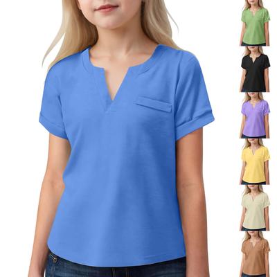 Summer Children's Top V-neck Girls' Pocket Fashionable Loose T-shirt