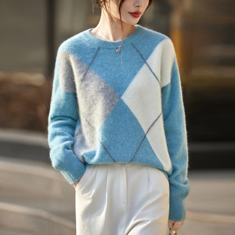 Women's Pure Wool Long Sleeve Jacquard Pullover - Autumn/Winter Round Neck Base Layer