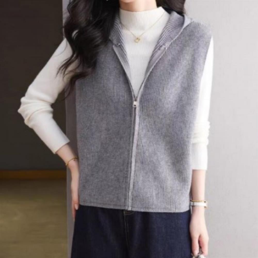 New Arrivals Open Run Women Basic Solid Rib Regular Fit Knit Zip Vest