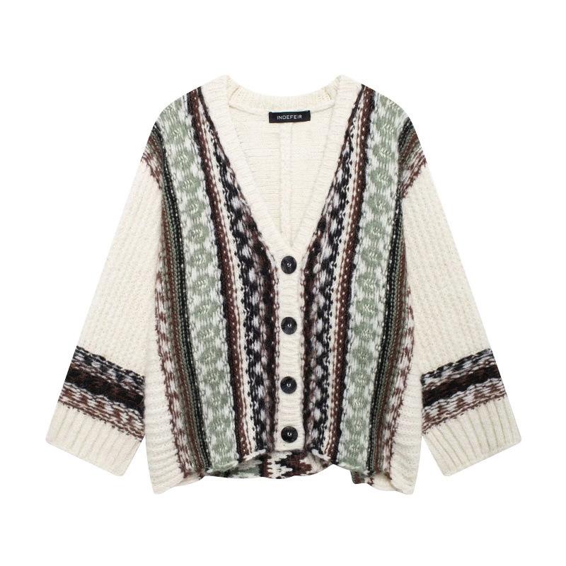 

Autumn New Women s V-neck Jacquard Loose Coat - European & American Street Fashion S