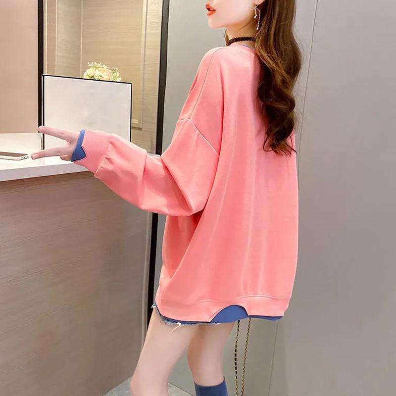 Cotton Sweatshirt Women Autumn Spring Large Size Loose Mid-Length Round Neck Sweatshirt Casual Versatile Long Sleeve Tops