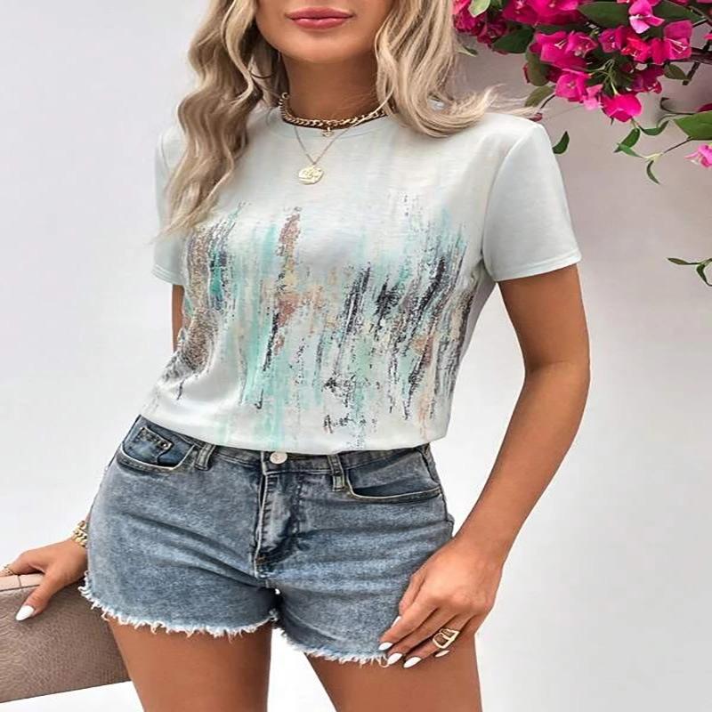 

Женская летняя повседневная футболка с коротким рукавом и круглым вырезом с принтом, пуловер, топ XXL светло-синий