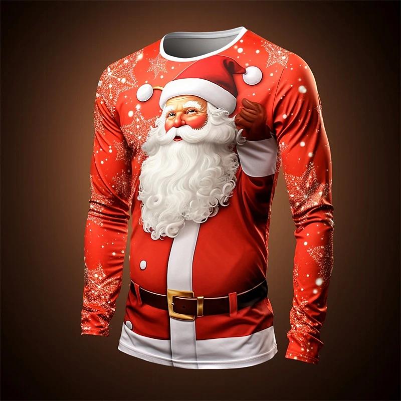 Christmas Men's Santa Claus Graphic Long Sleeve T Shirt Crew Neck Casual Tee Shirt New In Sports Tshirts For Men