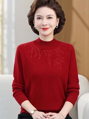 Elegant Embroidered 100% Pure Wool Sweater for Middle-Aged and Elderly Women