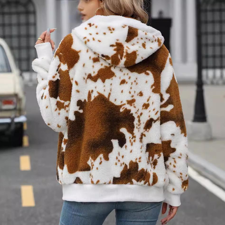 2025 Autumn/winter New Style, Hooded Jacket, Zipper Plush Jacket, Printed Cardigan Jacket, Winter Warm Jacket