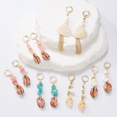 Summer Beach Vacation Matching Seashell Conch Drop Earrings for Women Girls Ethnic Style Alloy Gravel Hanging Earring Zircon