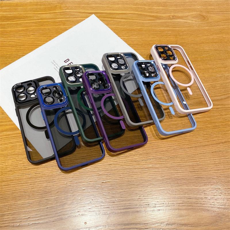 Funda magnética transparente con bisel de color de alta calidad de lujo para iPhone 15 Pro Max 14 Plus 13 12 11 Pro, cubierta completa con cubierta de película para lente