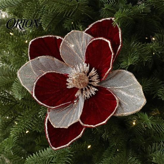 Weihnachts-Blumenbedarf Glitzer-Magnolienblüte, Samt-Künstblumenstecker für Weihnachtsbaum-Dekoblumen und Vase, Kunststiel-Ornament Feiertag