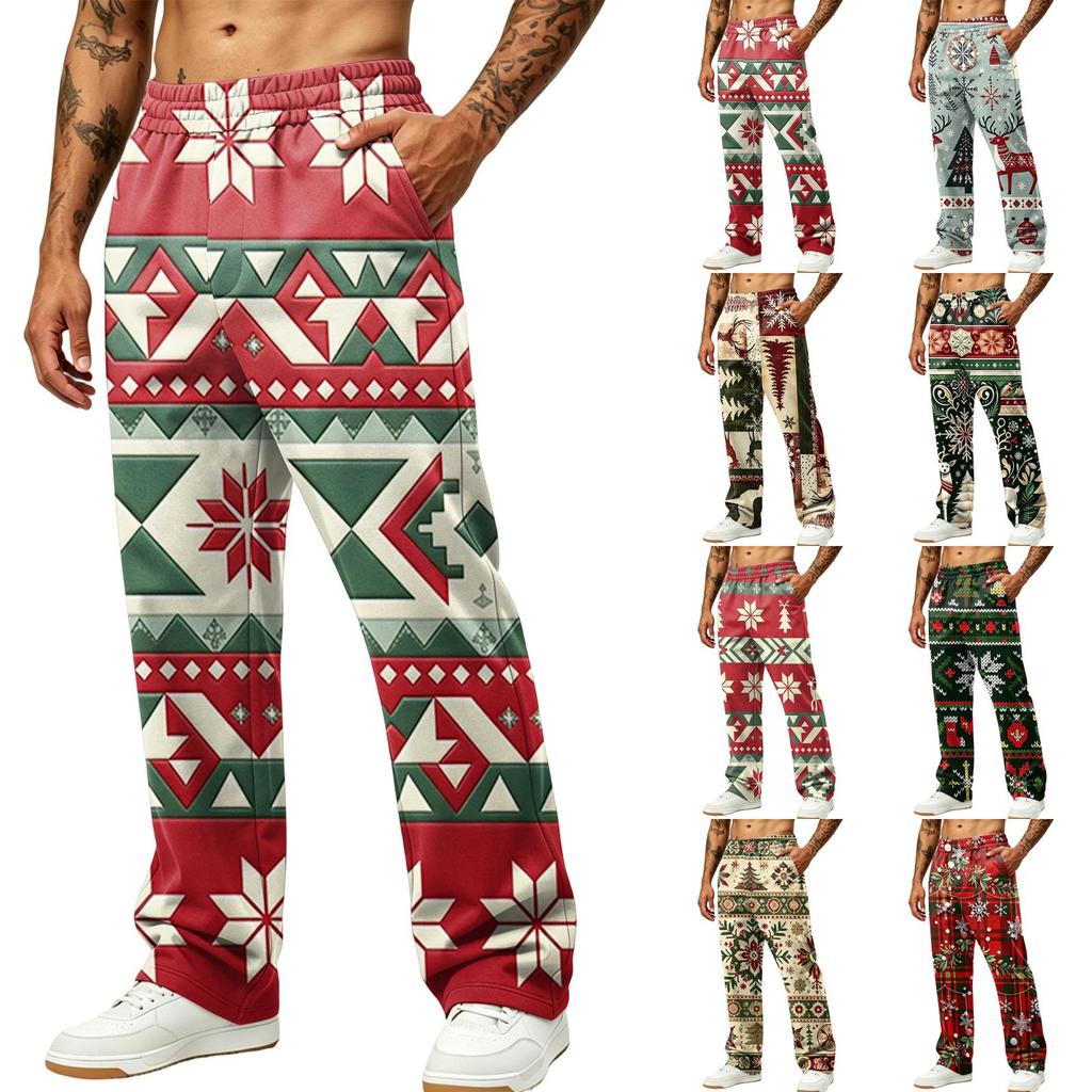 Herren Weihnachtshosen mit Aufdruck Lockerer Schnitt Lässige Jogginghosen mit Taschen