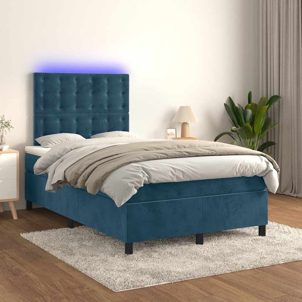 Box Spring Bed with Mattress & LED Dark Blue 120x200 cm Velvet