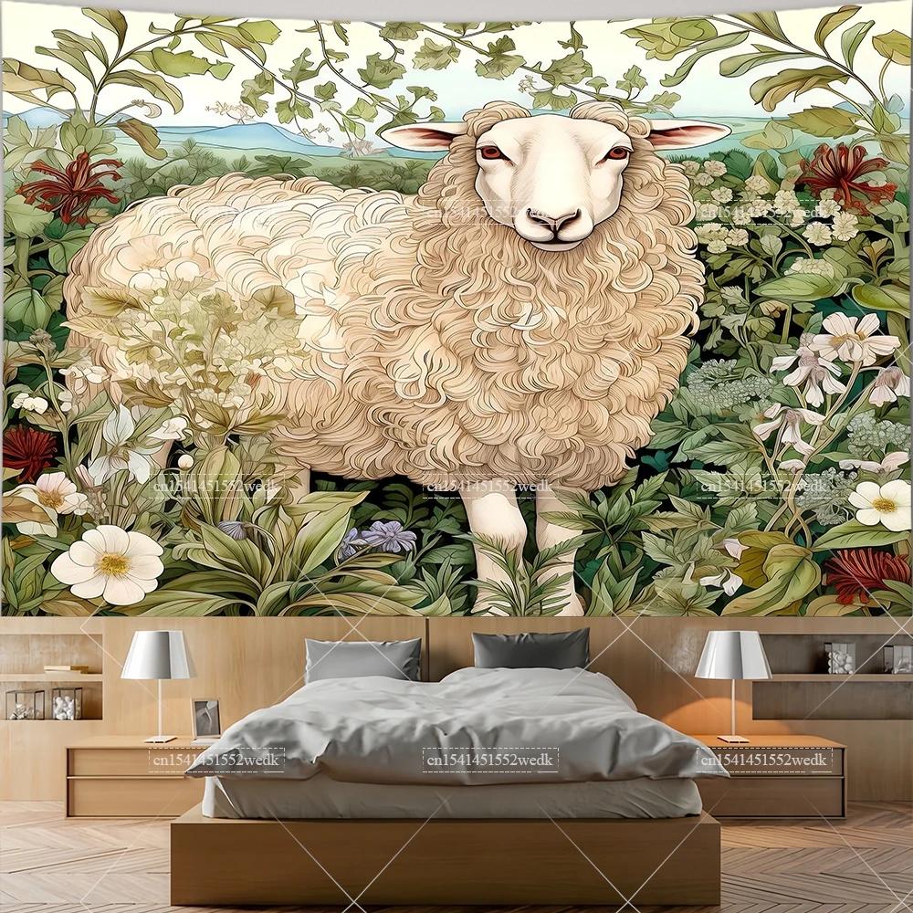 Sheep in Garden Tapestry Wall Hanging Animal Ram Sheep Deer Tapestry Aesthetic Room Decor Wallpapers For Bedroom Paintings