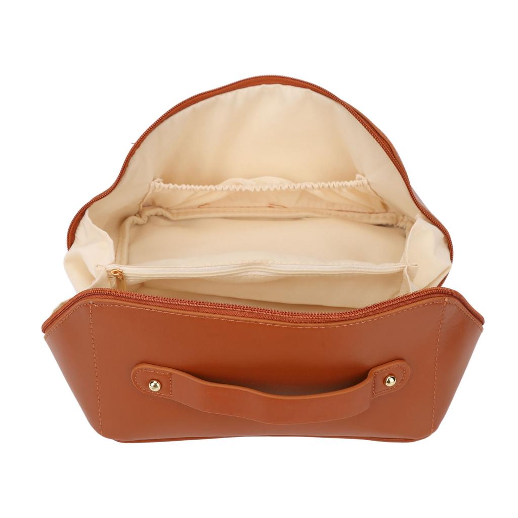 Makeup Storage Bag PU Leather Large Capacity Large Opening Design Multi Partition Waterproof Makeup Travel Bag Mocha