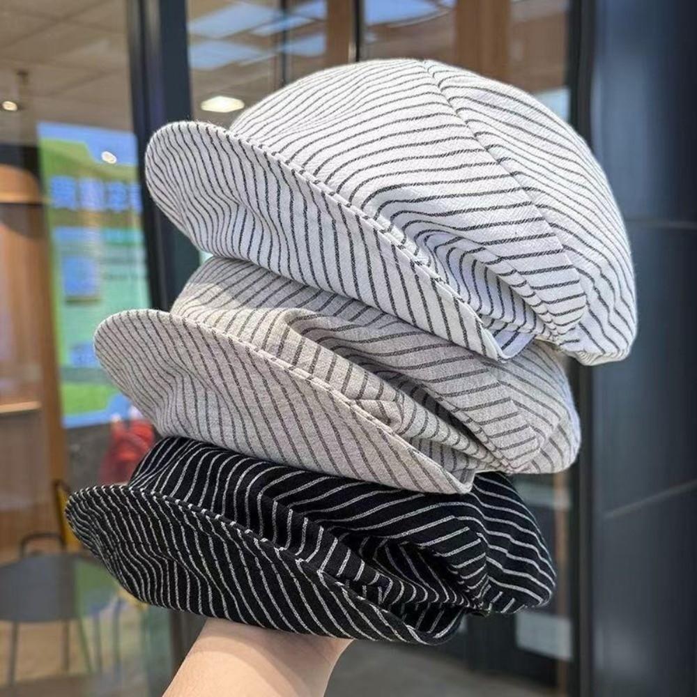 Thin Octagonal Hat Cotton and Linen Painter Caps Casual Striped Berets  Girl