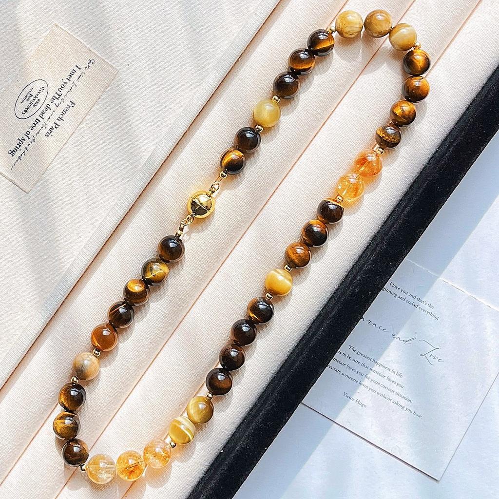 10mm Autumn and Winter Retro High Quality Natural Tiger's Eye Citrine Design Necklace Collarbone Chain Sweater Chain Women