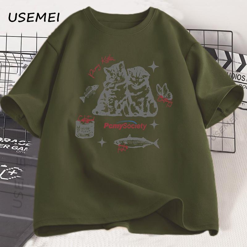 Funny Vintage Cat Fish Graphic T Shirt Harajuku Cotton Short Sleeve Loose Tshirt Summer Unisex Unisex High Quality O Neck Clothes